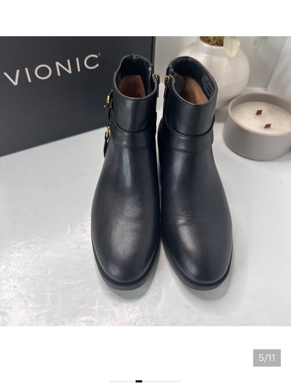Vionic Sibley Leather Comfort Block Heel Ankle Boot Black Women's 8 NWB